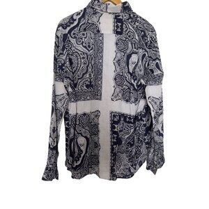 WASHABLE LINEN Mens XL Natural Blue Button Front Shirt Long Sleeve Casual Summer